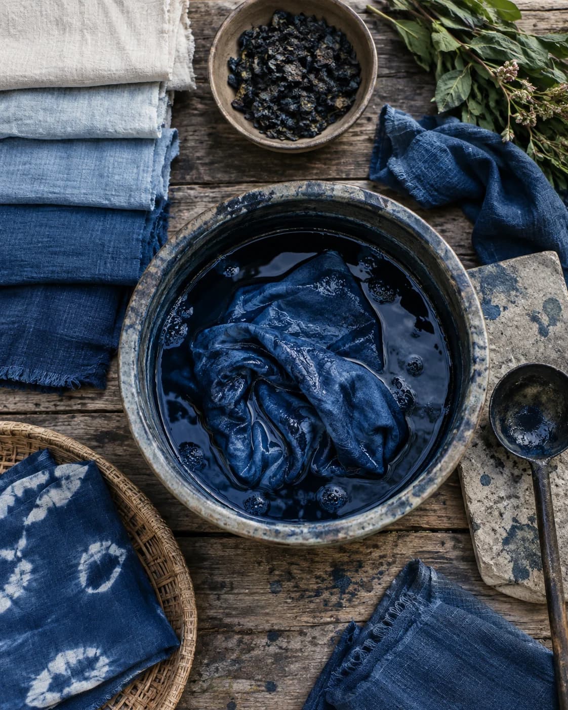 natural dye swatch making in a textile studio with folded cloth, dye jars, and drying samples, a tabletop sequence with a clear progression of color with clear side daylight