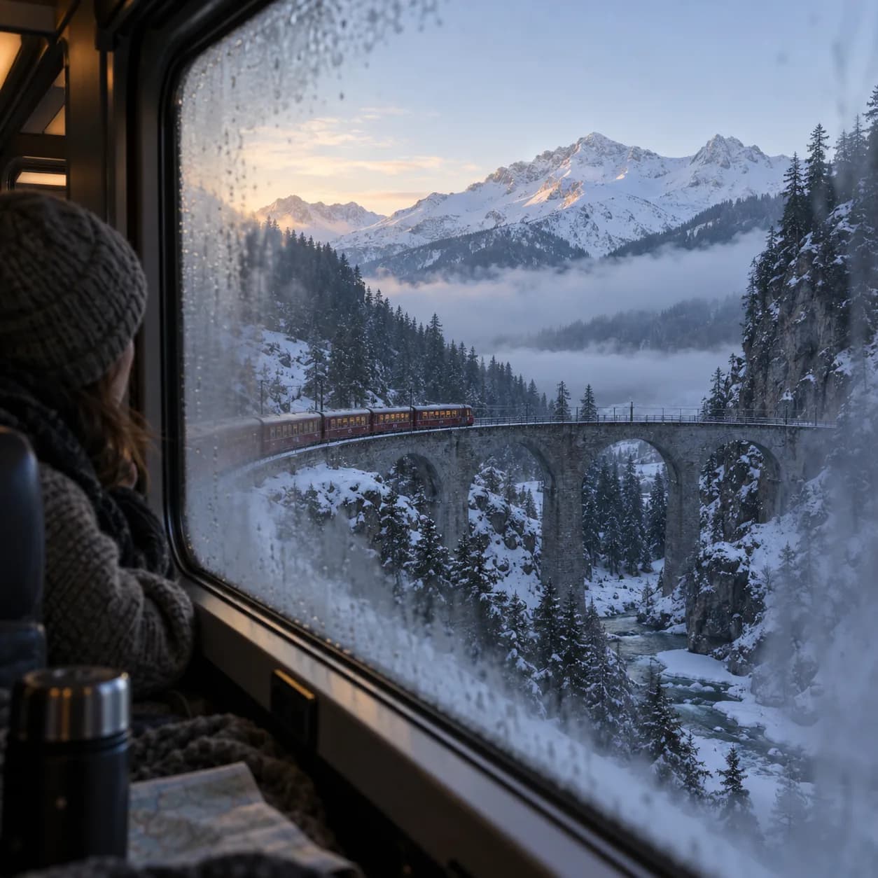 a mountain train crossing in a fogged carriage window, a high alpine route