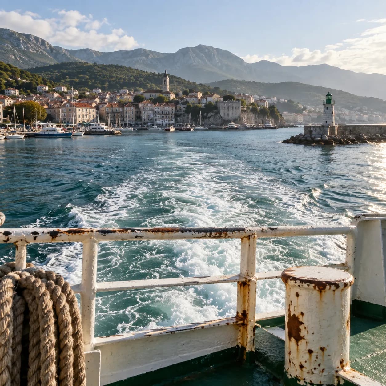 a ferry deck approaching a harbor in a weathered rail viewpoint, a working coastal harbor