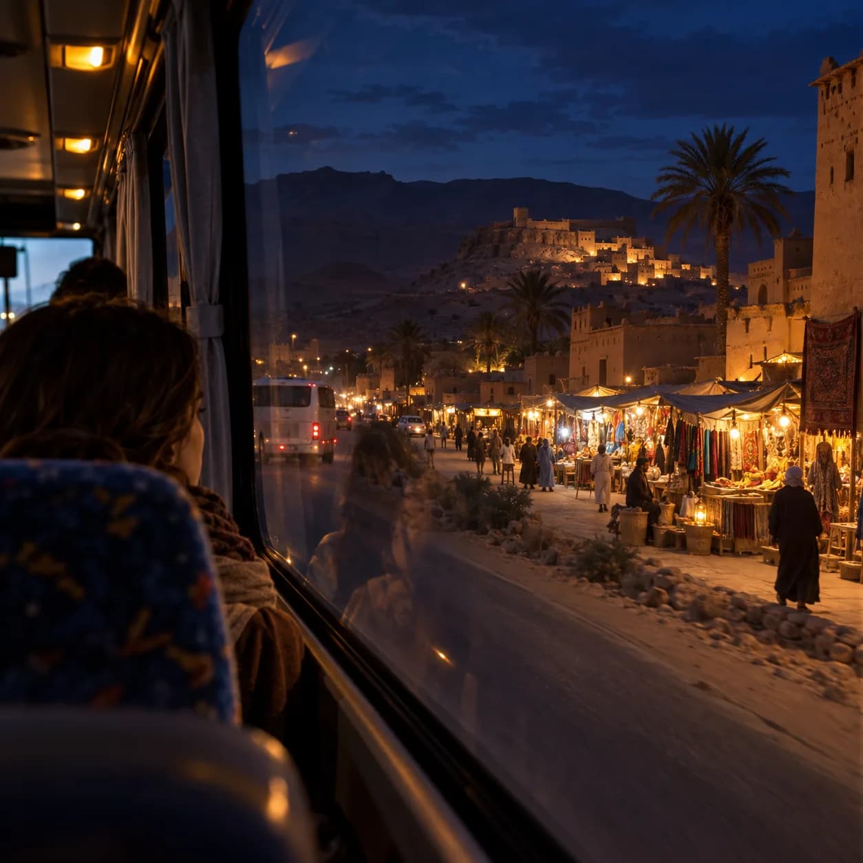 a night bus through a desert town in a rear window seat, a small desert settlement