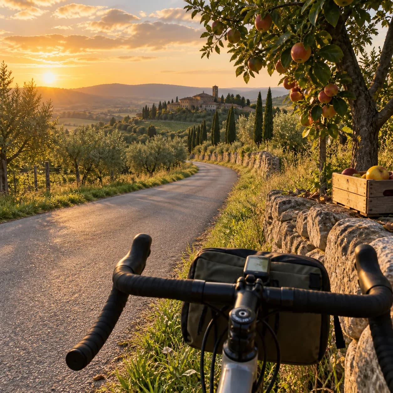 a rural bicycle route in a handlebar-height viewpoint, a lowland farming road