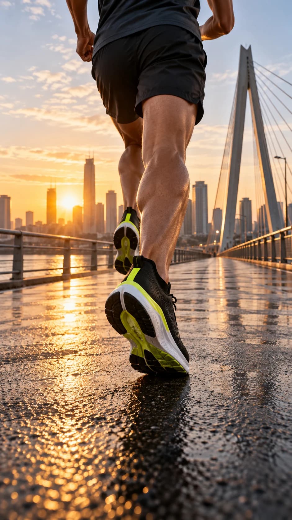 a pair of running shoes in an early morning city bridge, a low-angle dynamic product view with crisp directional sunrise