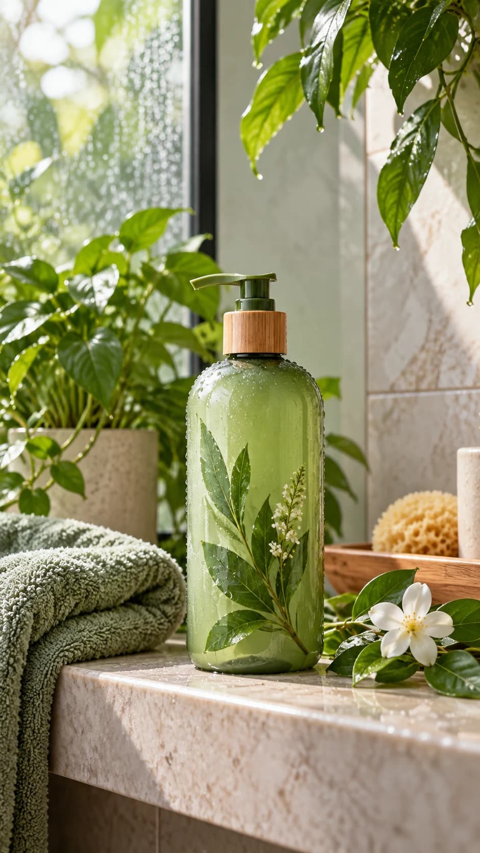 a botanical hair-care bottle in a lush bathroom shelf, a layered product hero with open upper space with diffused humid daylight