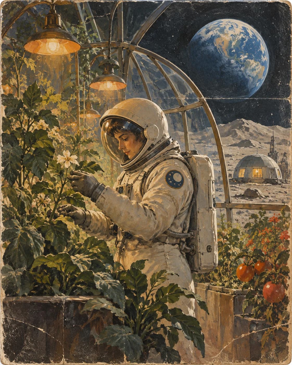 an astronaut botanist in a retro-futurist greenhouse on a moon, a hero figure among plants with cool moonlight and warm lamps